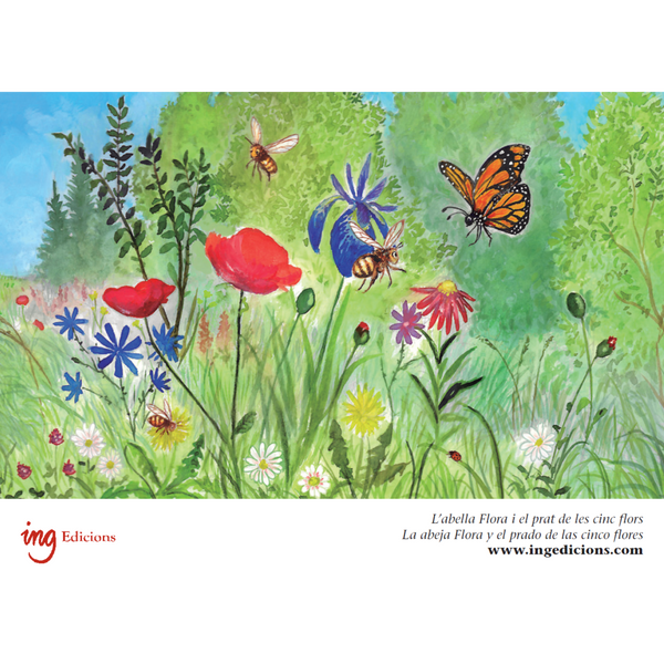 Postal "L'abella Flora i el prat de les cinc flors" (papallona)